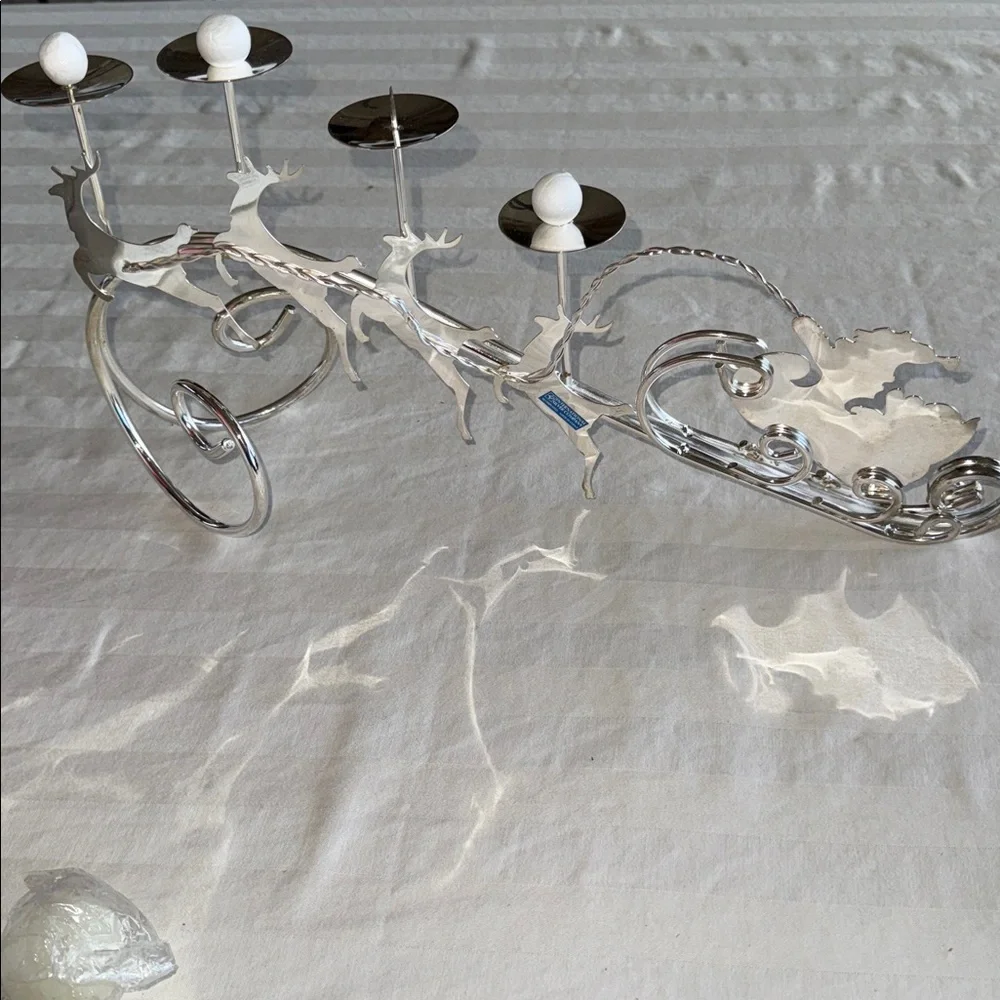 Vintage New Silver Plated Reindeer and Santa Sleigh Candle Holder Decor Unused